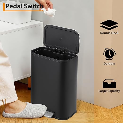 Stainless Steel Kitchen Trash Can 5.2 Gallon (20L) - Soft-Close Lid, Foot Pedal & Removable Inner Basket, Rectangular Step Bin for Office, Bedroom, Bathroom