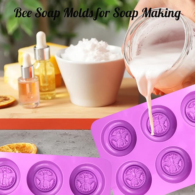 2 Pack Silicone Soap Molds, 3D 6-Cavity Round Bee Silicone Molds Homemade Soaps, Lotion Bar, Jello, Bath Bomb, Beeswax, Resin, Candle, Chocolate and Dessert (Purple)