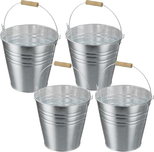 4 Gallon Galvanized Ice Bucket - Large Rustproof Metal Bucket Drink Tub with Wood Handles - 13" Beverage Bucket for Party BBQ Wedding Home Décor & Storage - 13"L x 13"W x 12"H - 4 Pack
