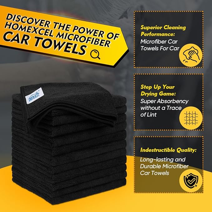 HOMEXCEL Black Microfiber Cleaning Cloth 50 Pack, 12.5 x 12.5 inch Microfiber Towels for Cars, Ultra Absorbent Car Washing Cloth, Lint Free Streak Free Cleaning Rags for Car, Kitchen, and Window