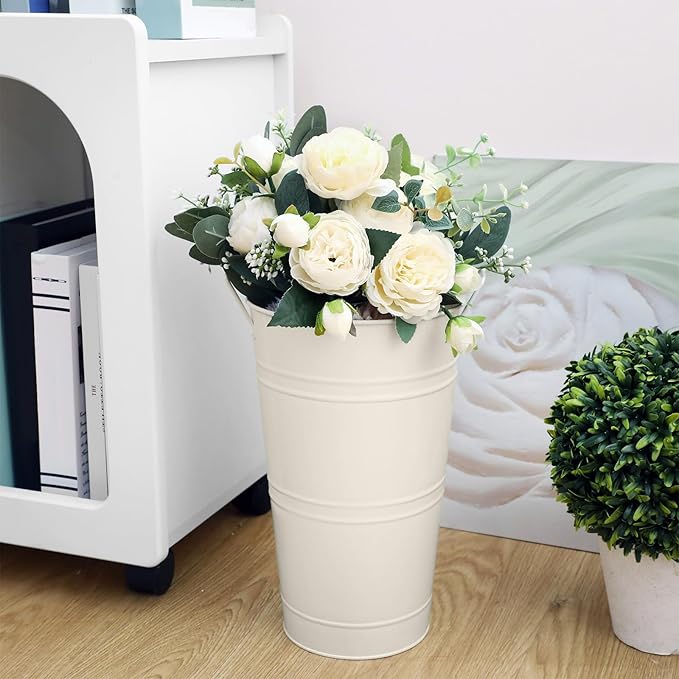 Zhehao 12 PCS 12 Inch Galvanized Metal Vase with Handles Bulk Tin Flower Buckets Galvanized Vases for Flowers Country Wedding Table Centerpieces Metal Flower Buckets for Wedding Home(Creamy White)