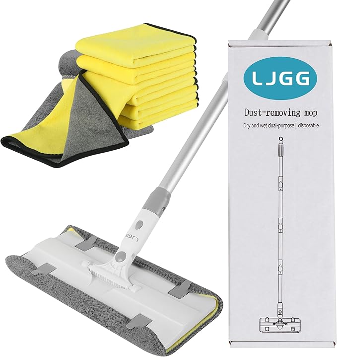 Reusable Microfiber Flat Mop for Floor Cleaning, 10.8 in (27.5 cm) Aluminum Base with 52 in Aluminum Handle, Includes 4 Washable Pads for Wet & Dry Use – LJGG (Gray/Yellow)