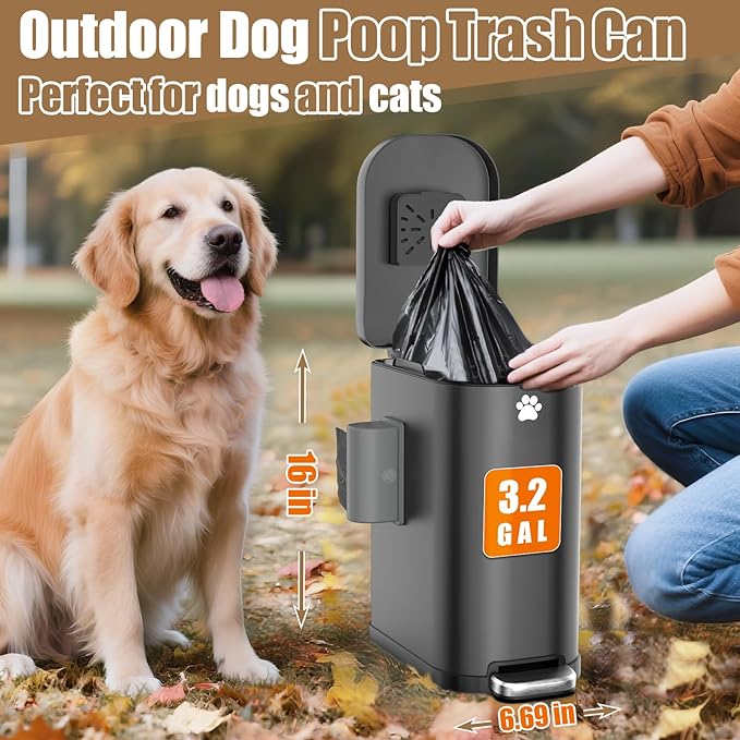 Dog Poop Trash Can Outside with Odor Control Lid & Step Pedal, 3.2Gal Stainless Steel Outdoor Trash Can, Waterproof Dog Waste Container - Includes 3 Carbon Filters & Bin Bag Holder