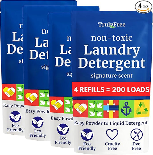 Truly Free Natural Laundry Detergent for Sensitive Skin | Eco Friendly, Plant Based, Baby Clothes Safe | Clean & Easy Powder to Liquid, 4 Pack Refill Detergent, NO Jug | Signature Scent, 200 Loads