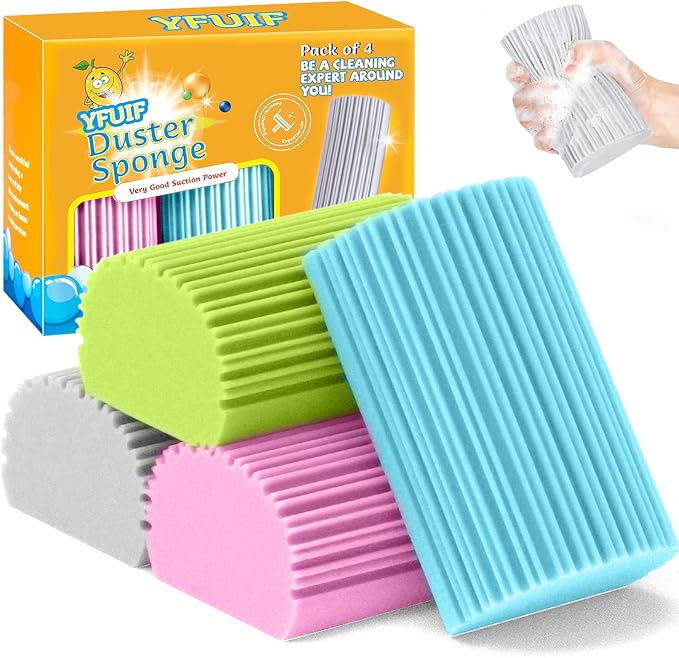 4 Pack Damp Clean Duster Sponge, Magic Sponge Eraser for Household Cleaning, Reusable Dusters Cleaning Supplies for Housekeeping, Dish, Blinds, Glass, Baseboards,Window Track Grooves and Faucets