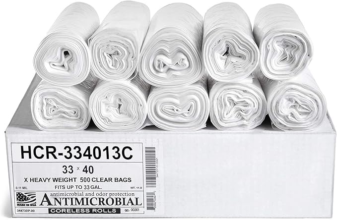 Aluf Plastics High Density Trash Bags, 33 Gallon, 500 Count, 13 Micron (eq), 33" x 40", Clear, for Bathroom, Office, Industrial, Commercial, Janitorial, Municipal, Recycling