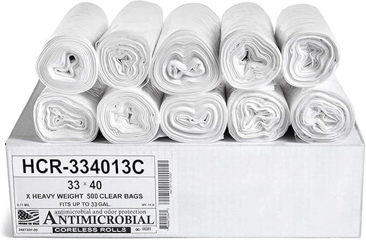 Aluf Plastics High Density Trash Bags, 33 Gallon, 500 Count, 13 Micron (eq), 33" x 40", Clear, for Bathroom, Office, Industrial, Commercial, Janitorial, Municipal, Recycling