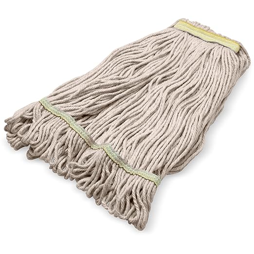 SPARTA Flo-Pac Acrylic Mop Head, Loop-Ended, Narrow Band with 1" Yellow Band for Organized Cleaning, Small, Natural, (Pack of 12)