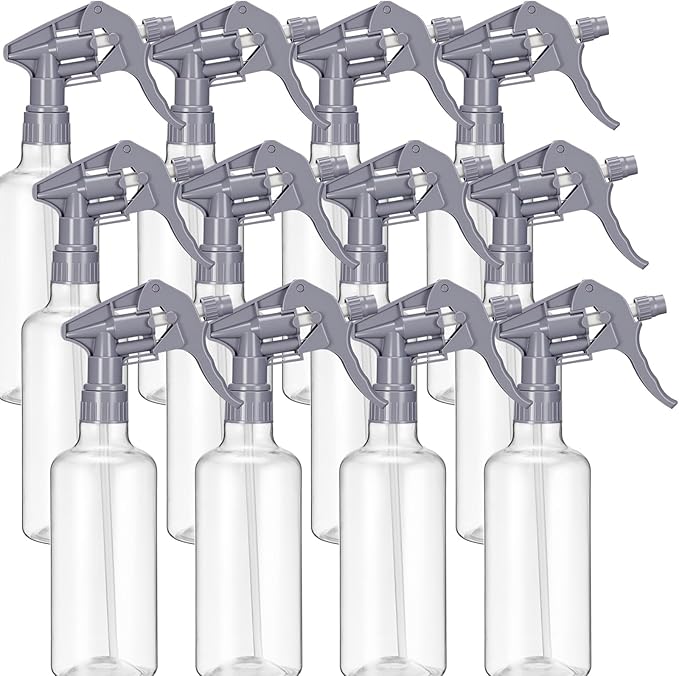 Eccliy 12 Pcs 16 Oz Plastic Spray Bottle, Adjustable Empty Reusable Sprayer for Cleaning, Planting, Water, Bathroom and Kitchen, BBQ, Commercial and Residential(Pure Grey,Clear)
