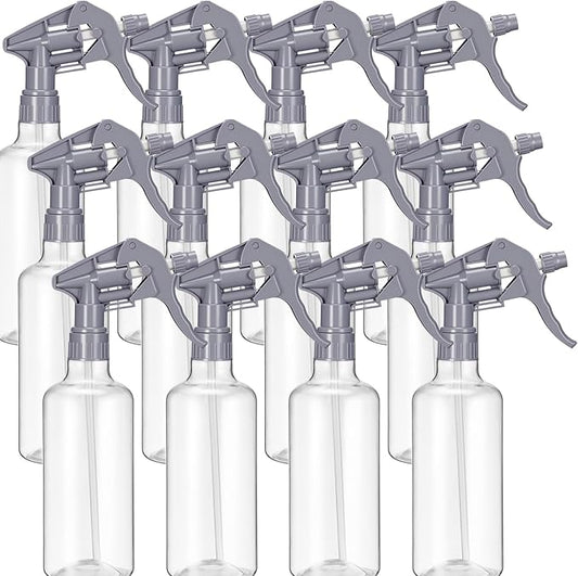 Eccliy 12 Pcs 16 Oz Plastic Spray Bottle, Adjustable Empty Reusable Sprayer for Cleaning, Planting, Water, Bathroom and Kitchen, BBQ, Commercial and Residential(Pure Grey,Clear)