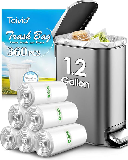 Teivio 1.2 Gallon 360 Counts Trash Bags Garbage Bags, Bathroom Trash Can Bin Liners, Small Plastic Bags for Home Office Kitchen Kitchen (Clear)
