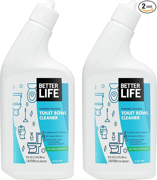 Better Life Toilet Bowl Cleaner, Plant-derived, Stain & Odor Remover, Tea Tree & Peppermint Scent Cleaning Gel, Liquid Bathroom Cleaners for Household, 24 Oz, Pack of 2