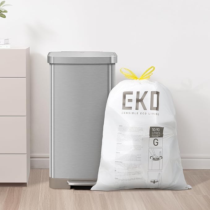 EKO 21 Gallon / 50-90 Liter,110 CountDrawstring Trash Bags, Extra-Strong Unscented Garbage Bags, Easy-Dispense Roll for Kitchen & Household Use, Resists Tears, Leaks and Punctures, Code G, White