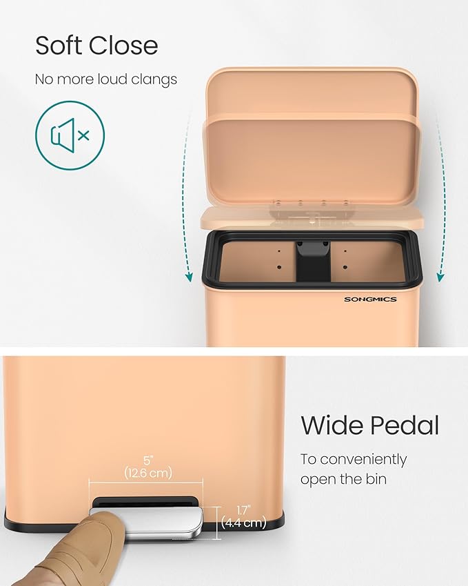 SONGMICS Kitchen Trash Can, 10.5 Gallon (40 L) Garbage Can, Large Step Trash Bin with Lid, Stainless Steel, Soft Close, 15 Trash Bags Included, Peach Fuzz ULTB540R01