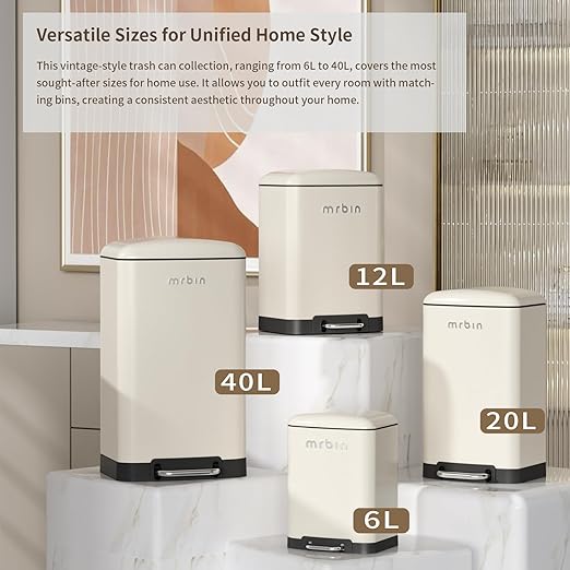 MRBIN Bathroom Trash Can with Lid, Metal Step Small Kitchen Waste Basket Touchless Soft Close, 12L / 3.2gal Rectangle Garbage Bucket with Stainless Steel Pedal for Office, Bedroom Accessories, White