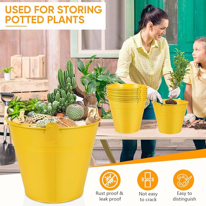 OBTANIM 7 Pack Yellow Metal Buckets with Handle Galvanized Ice Pails for Plants, Succulents, Party Favors Organizing, Rustic Home Decor or Classrooms Pencil Storage (9.1 x 6.7 inch)