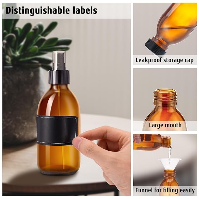 Tecohouse Amber Glass Spray Bottles 8.8 oz, 2 Pack Empty Spray Bottle for Essential Oils, Small Glass Bottles for Cleaning Solutions, Plants, Hair with Durable Nozzle, Labels, Funnel