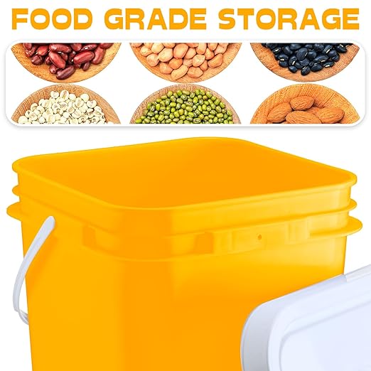 Vesici 6 Pcs 5 Gallon Food Grade Square Buckets with Lids 5 Gal Plastic Food Storage Square Bucket Heavy Duty Industrial Pail Container with DIY Label Stickers Handles for Water Painting(Yellow)