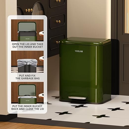 Small Bathroom Trash Can - Mini Step Garbage Can with Lid, Stainless Steel Trash Bin for Living Room Bedroom (Green, 6 Liter / 1.6 Gallon)