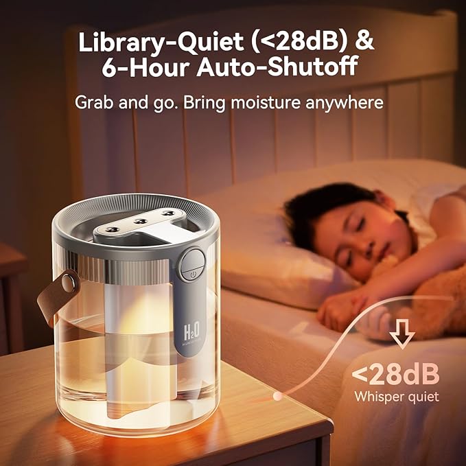 Smart Humidifiers for Bedroom, Rechargeable Top Fill Humidifier with Night Light, 1.4L Cool Mist Humidifier for Office Home Plant and Baby, 3-Speed Mist Control, Quiet, Auto Shut-Off (Grey)