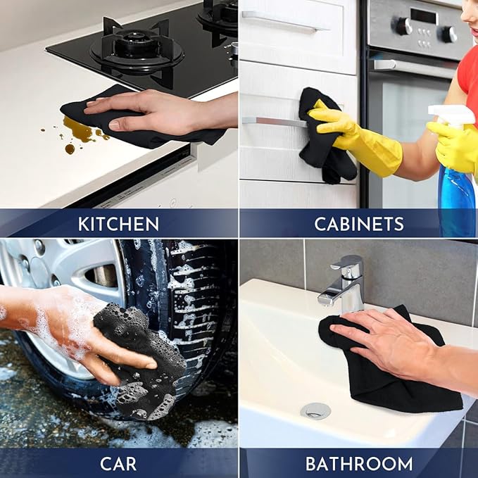 GLIMGLINT Black Microfiber Cleaning Cloth, 150 Pack Microfiber Towels for Cars, Lint Free, Scratch-Free, Highly Absorbent, Reusable Cleaning Rags for Car, Household, Shop Towels 14"X12"