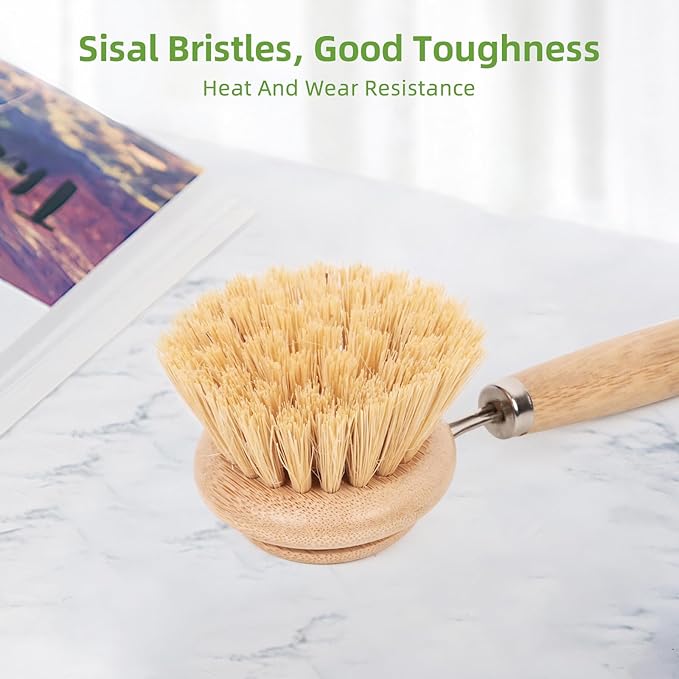 Eco-Friendly Kitchen Brush Set, Bamboo Dish Brush with Handle 3 Replacement Heads, Vegetable Scrubber Natural Sisal Fiber for Effective Cleaning Non-Stick Pans, Pots, Utensils