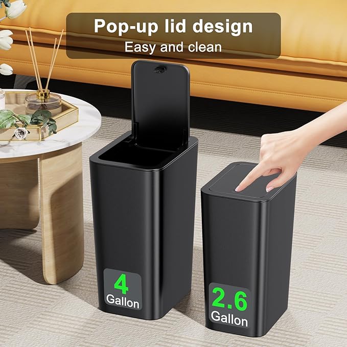 N. NETDOT 3 Pack (2 of 4 Gal & 1 of 2.6 Gal) Small Trash Can with Lid,Bathroom Garbage Can with Pop-Up Lid,Waste Basket for Bathroom,Kitchen,Bedroom,Powder Room,Craft Room,Office,College (Black)