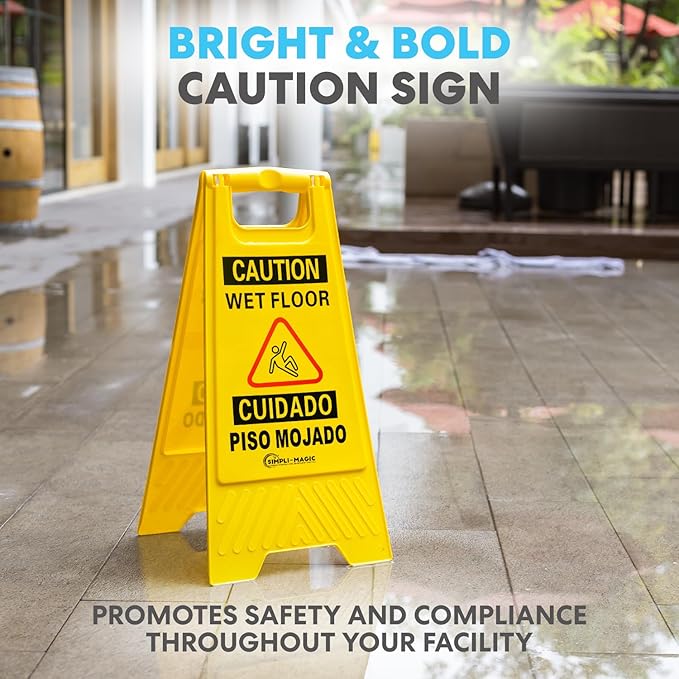 Simpli-Magic Side Press Wringer Combo Commercial Mop Bucket on Wheels, 35 Quart,Yellow, Including Wet Floor Caution Sign and Mop Set