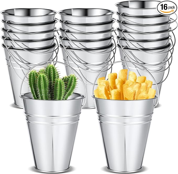 16 Pack Galvanized Buckets, 4.5"x 5.2" Metal Buckets with Handle Small Pails Tin Bucket for Party Favors, Farmhouse Flower Bucket Garden Planters Decorative Table Centerpieces Party Supplies