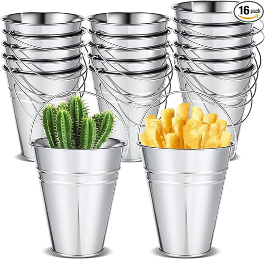 16 Pack Galvanized Buckets, 4.5"x 5.2" Metal Buckets with Handle Small Pails Tin Bucket for Party Favors, Farmhouse Flower Bucket Garden Planters Decorative Table Centerpieces Party Supplies