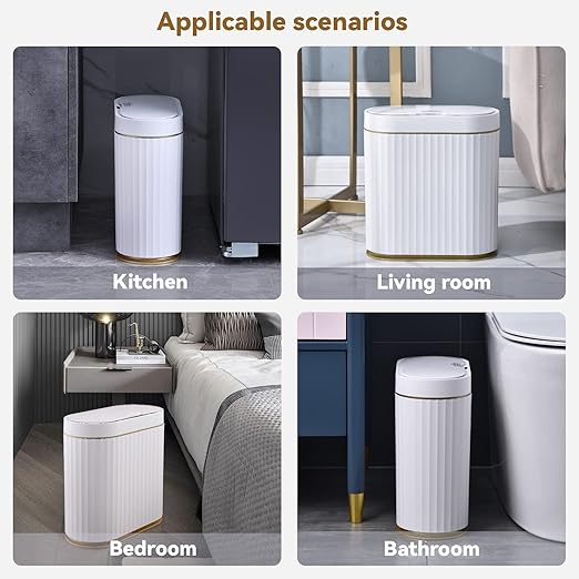 ELPHECO Bathroom Trash Can with lid 2.5 Gallon Waterproof Motion Sensor Wastebasket, Automatic Trash Bin Bathroom Decor for Bedroom and Office White with Golden Trim