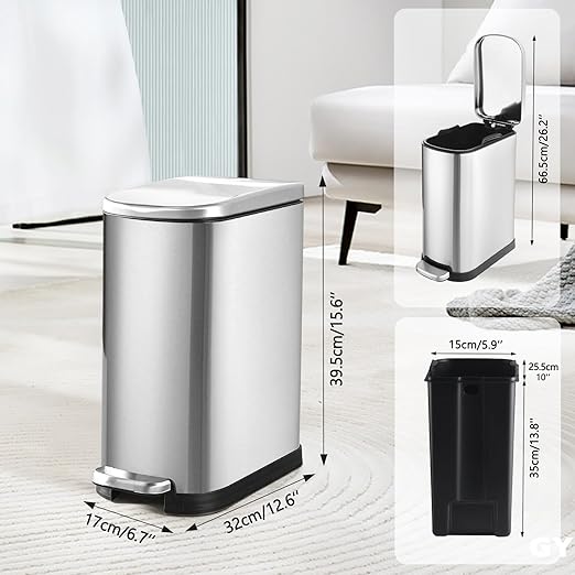 Bathroom Trash Can with Soft-Close Lid 3.5 Gallon Stainless Steel Garbage Can with Removable Inner Bucket Slim Trash Bins for Bedroom, Office (Silver)