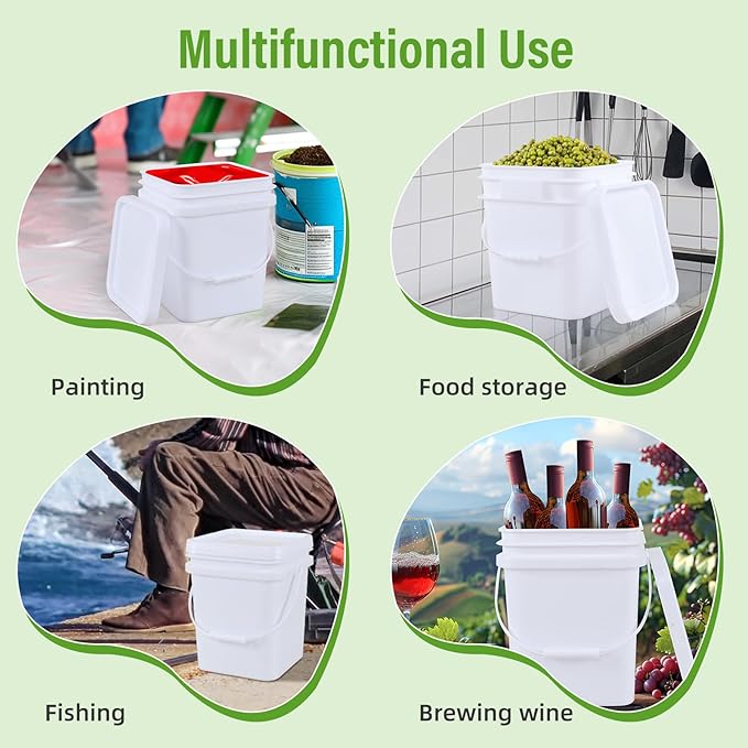 Square White Plastic Bucket with Sealable Lid, 4.8 Gallon Food Grade Storage Bucket, 4 Pack