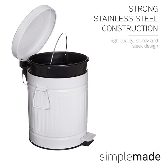 SIMPLEMADE Round Step Trash Can - 5 Liter / 1.3 Gallon - Stainless Steel Bathroom Wastebasket, Small Metal Can with Lid, White