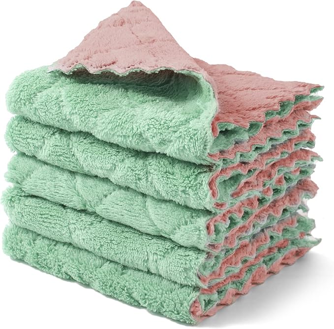 Cleaning Cloths Kitchen Towels Microfiber Washcloths Lint Free Dish Cloth Reusable Dishtowels Household Super Absorbent Fast Drying, 10"x10", Pack of 5 (Pink-Green)