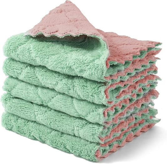 Cleaning Cloths Kitchen Towels Microfiber Washcloths Lint Free Dish Cloth Reusable Dishtowels Household Super Absorbent Fast Drying, 10"x10", Pack of 5 (Pink-Green)