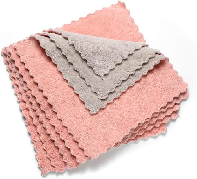 Cleaning Cloths Kitchen Towels Microfiber Washcloths Lint Free Dish Cloth Reusable Dishtowels Household Super Absorbent Fast Drying, 10"x10", Pack of 5 (Pink-Grey)