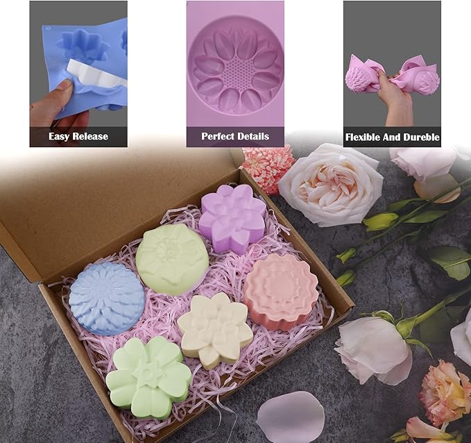 Sakolla 2 Pack Silicone Soap Molds, 6 Cavities Different Flower Shapes Silicone Mold, Perfect Making for Soap, Lotion Bar, Bath Bombs (Pink + Blue)