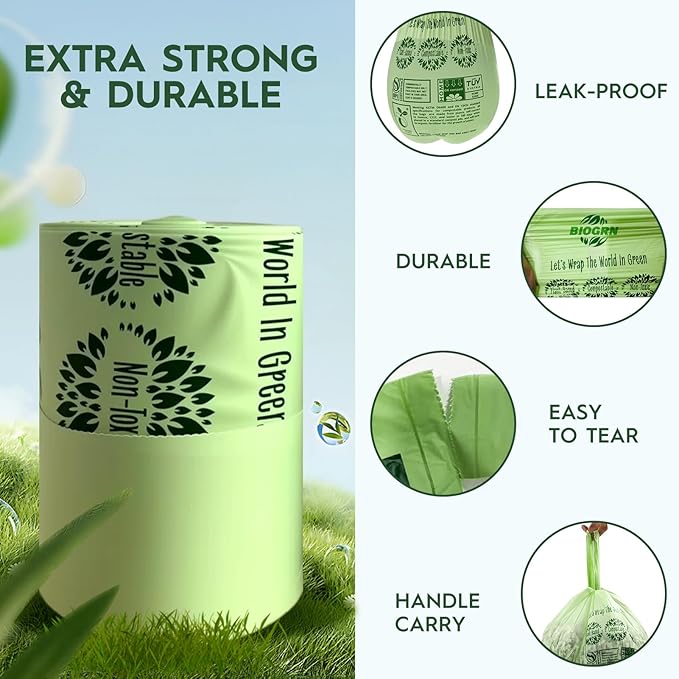 Compostable Trash Bags 1.2-1.6 Gallon Handle Tie 50 Count 0.6 Mil 6.06 Liter Small Compost Bags for Countertop Bin Biodegradable Bags Green for Kitchen ASTM D6400 & BPI Certified, OK Compost Home