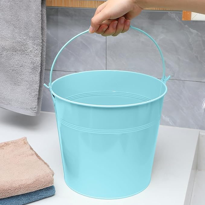 12 Pcs Large Galvanized Metal Buckets with Handle 10 Inch Heavy Duty Stainless Steel Pails Round Pail for Party Wedding, Crafts, Utensils, Table Centerpieces (Light Blue)