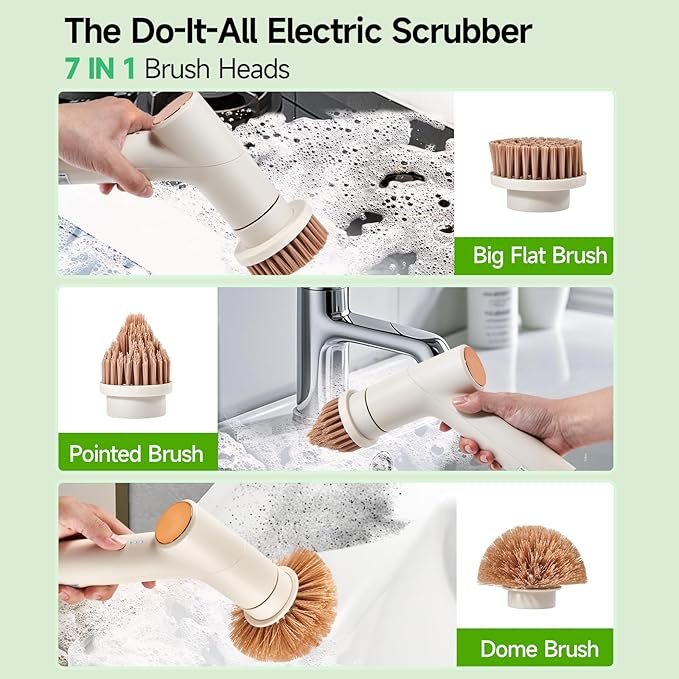 Cordless Electric Spin Scrubber Pro, Power Scrubber Cleaning Brush with 7 Replaceable Heads, Base, Dish Scrubber, Bathroom Shower Brush, 2 Adjustable Speeds, for Cleaning Kitchen Sink Tile Tub Floor