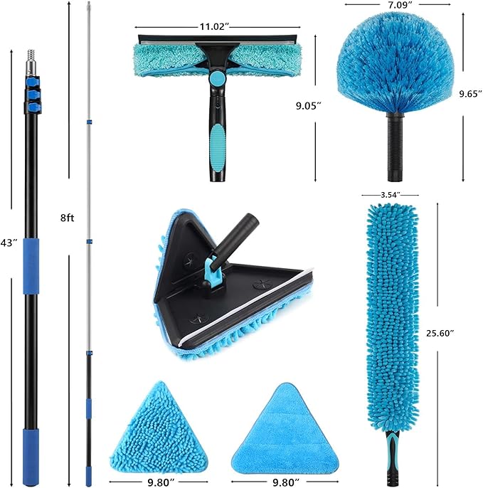 16 Feet High Ceilings Baseboard Wall Cleaner Mop with 8 Ft Extension Pole, Cobweb Duster, Window Cleaning Squeegee Kit (8ft)