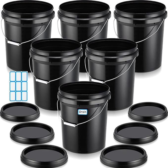 Vesici 6 Pack 5 Gallon Bucket Black Pail Storage Food Container Buckets with Lid Handle Heavy Duty Black Plastic Bucket with DIY Label Sticker for Home Improvement Household Cleaning Flour Rice