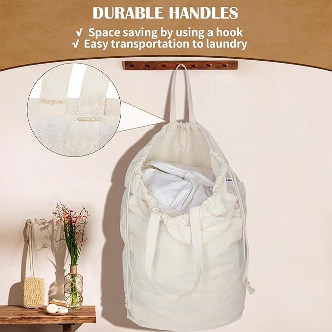 Canvas Laundry Bags with Handles & Square Base 13.8"x 13.8", Large Heavy Duty Laundry Basket Hamper Liner, College Dorm Washable Drawstring Cotton Dirty Clothes Bag (Beige,1 Pack)