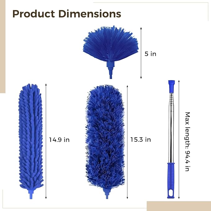 Homaisson 5 Piece Telescopic Duster Set with Extension Pole Microfiber Cleaning Heads for Ceiling Fans, Windows, and Hard-to-Reach Areas, Detachable, Quality and Easy to Clean