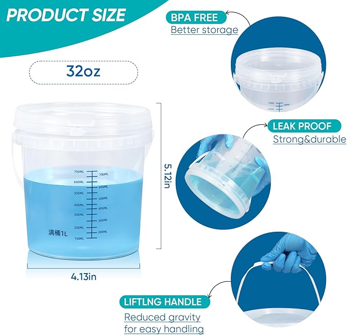 ASEVAT 32oz 2 Pack Clear Bucket Graduated Pail Container with Lid, Food Grade Buckets, Cleaning Containers Plastic Pails Extra Durable Handles with Grip for Easy Carrying