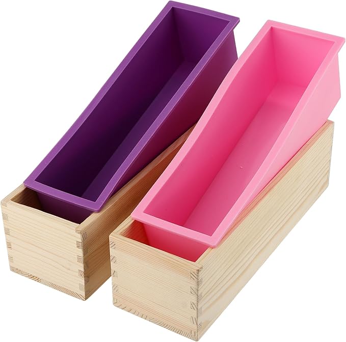 ZOENHOU 7PCS 42oz Soap Molds with Stainless Steel Wavy Slicer and Straight Slicer, Soap Loaf Bar Rectangular Silicone Soap Making Molds Kit with Wood Box DIY Tool Set for Soap Making Supplies