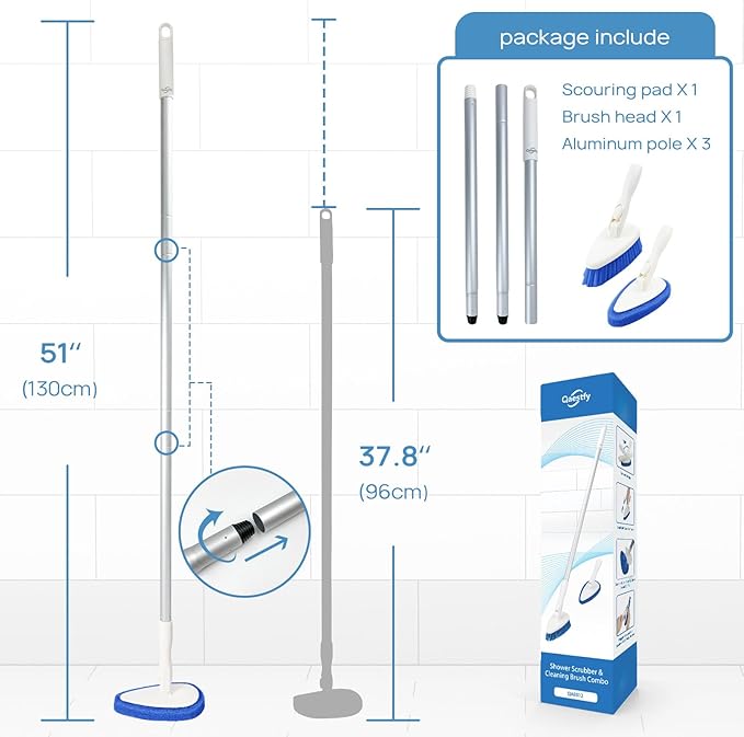 Qaestfy Shower Scrubber Cleaning Brush Combo Bath Tub Tile Cleaner Scrubber Brush with 51'' Adjustable Long Handle Scrub Brush for Bathroom Shower Bathtub Wall Mop Cleaning Scrubbing