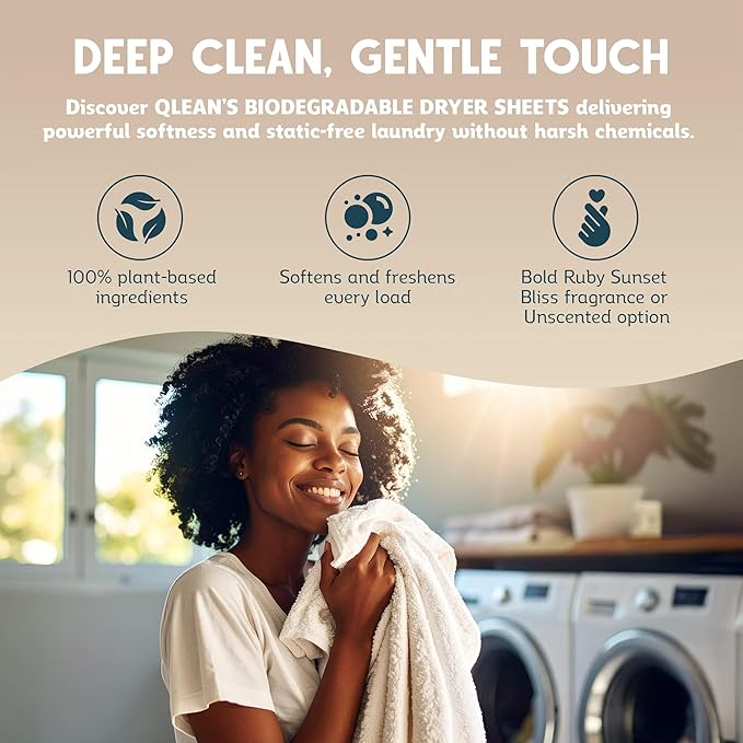QLEAN Dryer Sheets | Natural Fabric Softener & Removes Static Cling | Vegan Laundry Softener | Soft, Fresh Laundry, Perfect for Clothes and Beddings, Unscented - 120 Loads