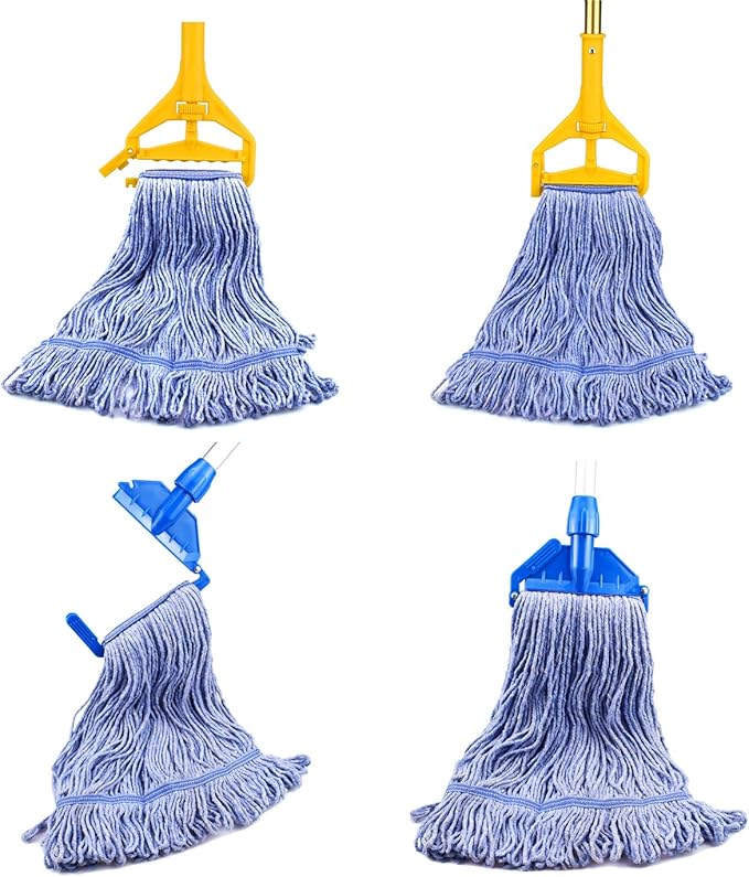 String Mop Heads Replacement Heavy Duty Commercial Grade Blue Cotton Looped End Wet Industrial Cleaning Mop Head Refills (4, Large)